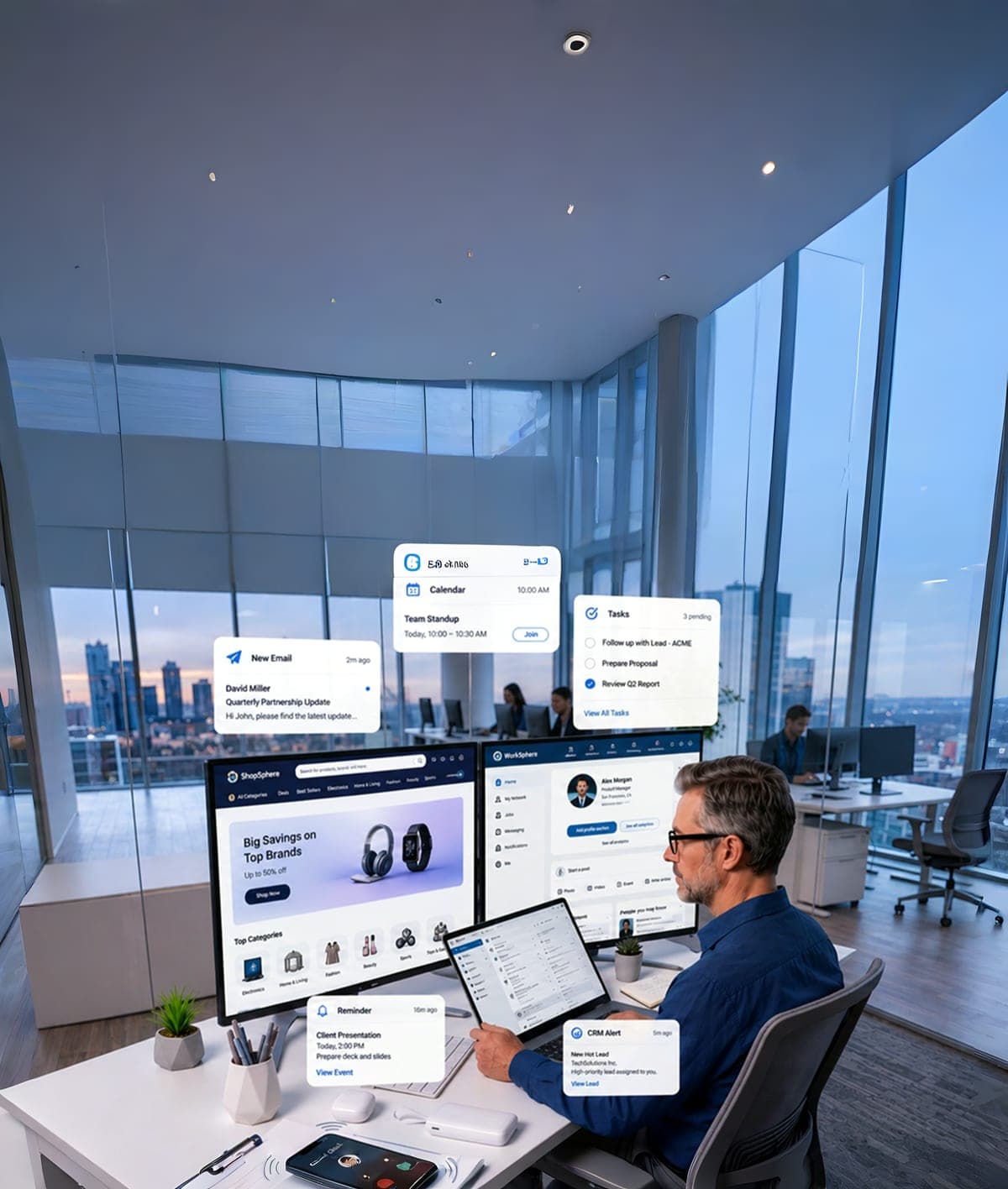 Business owner at a desk working across storefront, CRM, calendar, tasks and email apps on several screens