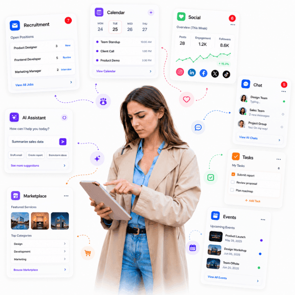 Recruitment, calendar, social, chat, tasks, marketplace and events apps brought together in Xila
