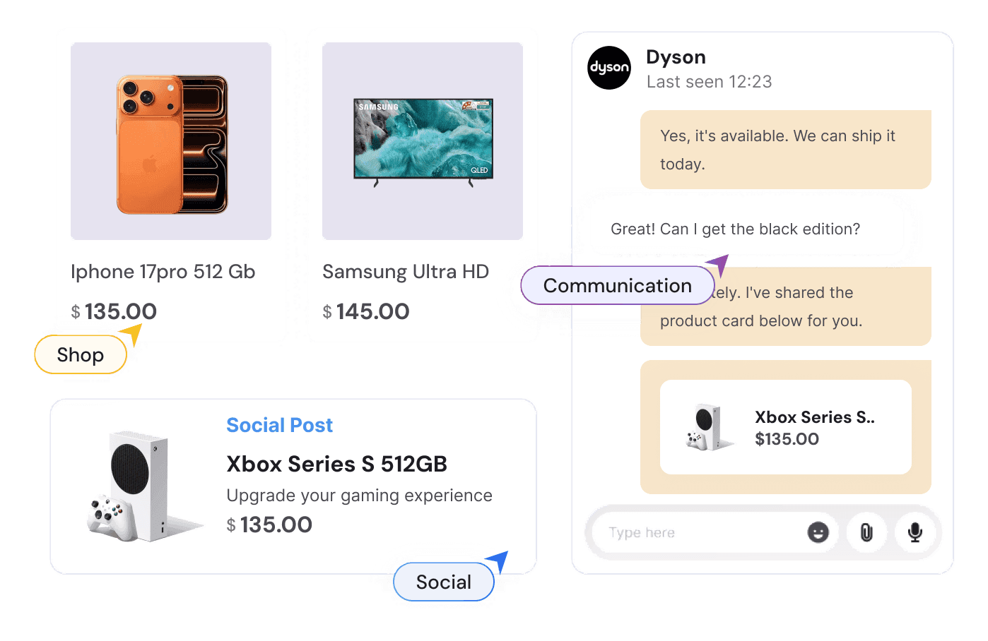 Xila product cards for an iPhone, a Samsung TV and an Xbox alongside a customer chat sharing a product card